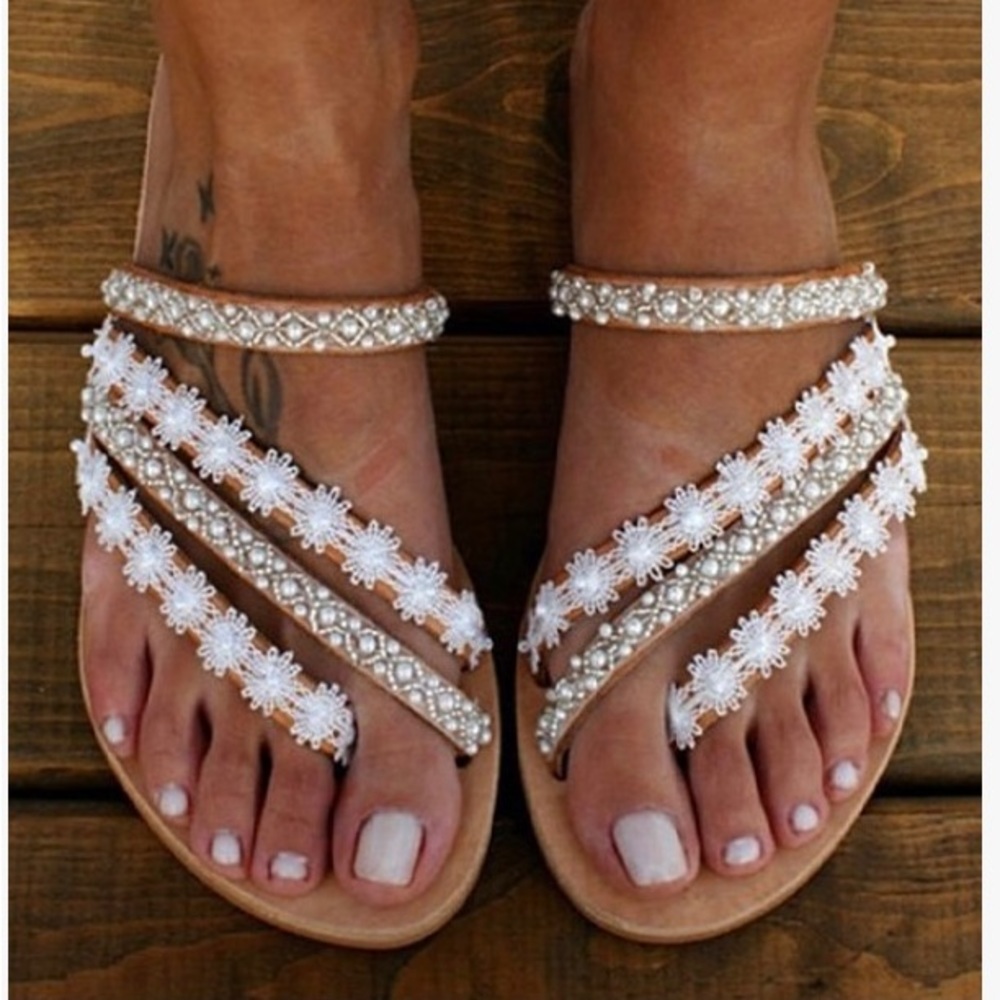 White Pearl/ Crocheted Foral Sandals Size 9